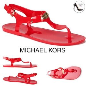 MICHAEL KORS Women's MK Gold Plate Logo Red Coral Reef Flat Thong Jelly Sandal 6